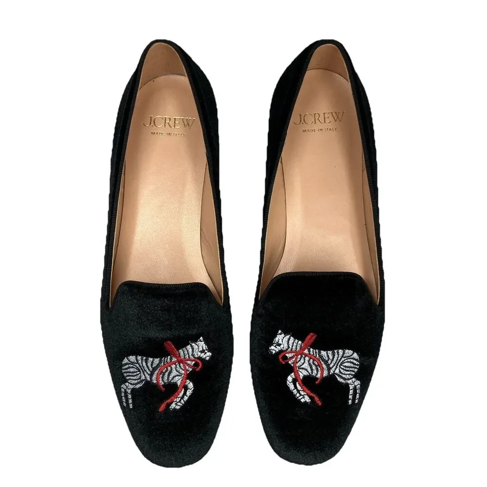 J Crew Velvet‎ Smoking Slippers Womens 8 Black Embroidered Zebra Preppy Luxe